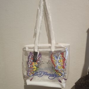 Ed Hardy Clear Tote with Colorful Butterfly Design